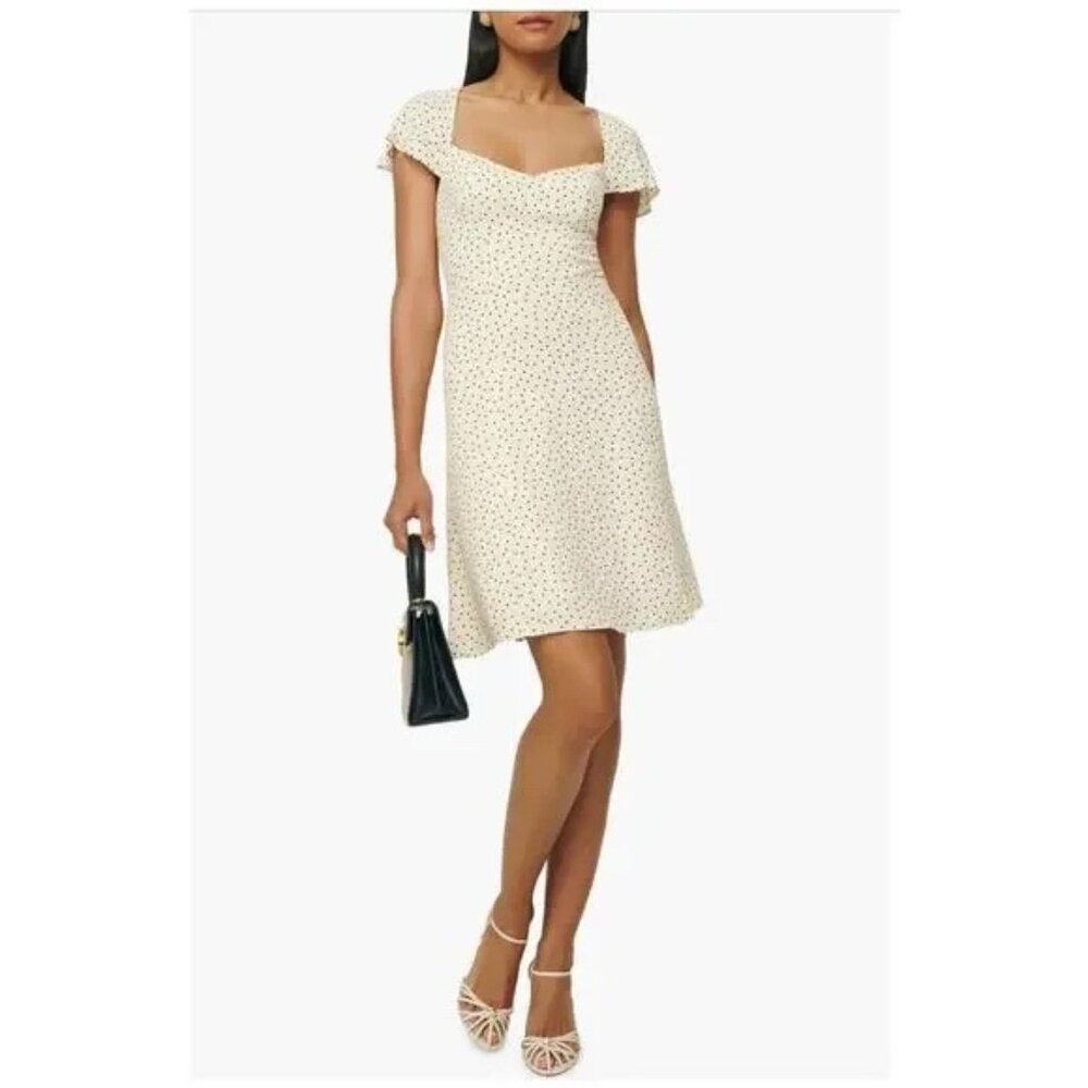 NWOT Reformation Novia Flutter Sleeve Dress, White & Black Polka Dot, Size 2 - Picture 2 of 13